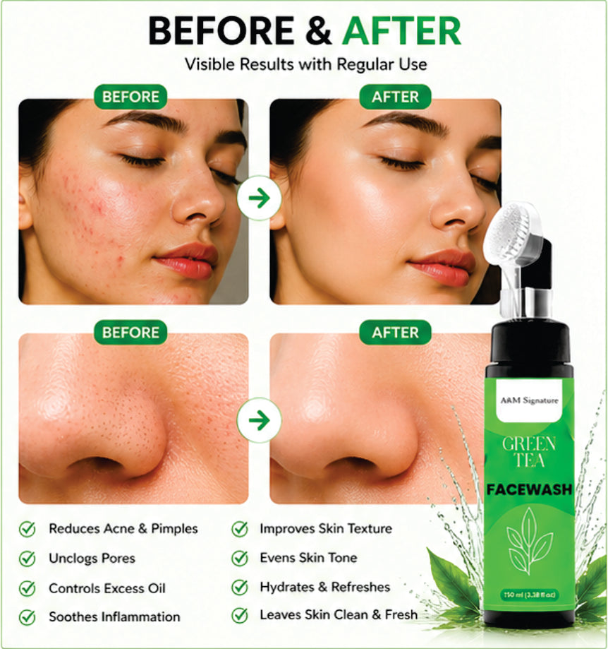 A&M Signature Green Tea Facewash for Oil Control & Fresh Skin, Gentle Daily Cleanser for Deep Cleansing, Removes Dirt & Impurities, Hydrating & Refreshing Face Wash for All Skin Types, 150 ml