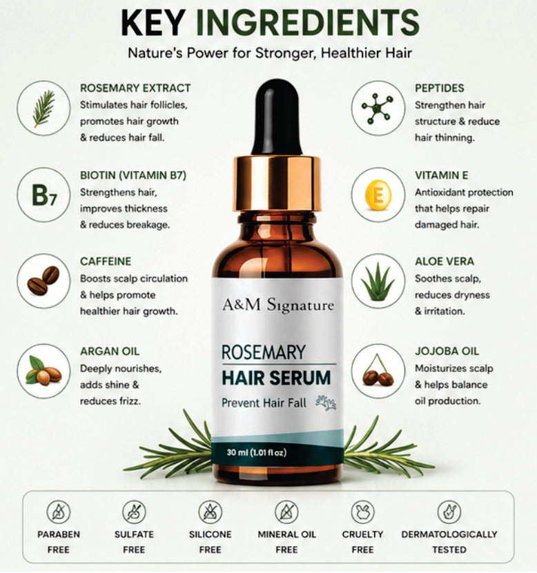 A&M Signature Rosemary Hair Serum for Hair Growth & Hair Fall Control, Lightweight Non-Greasy Serum for Stronger, Thicker & Healthier Hair, Nourishes Scalp & Reduces Breakage, Suitable for All Hair Types, 30 ml
