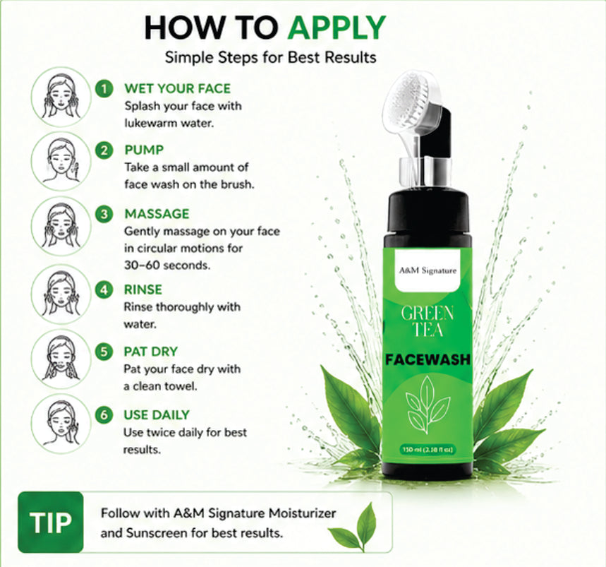 A&M Signature Green Tea Facewash for Oil Control & Fresh Skin, Gentle Daily Cleanser for Deep Cleansing, Removes Dirt & Impurities, Hydrating & Refreshing Face Wash for All Skin Types, 150 ml