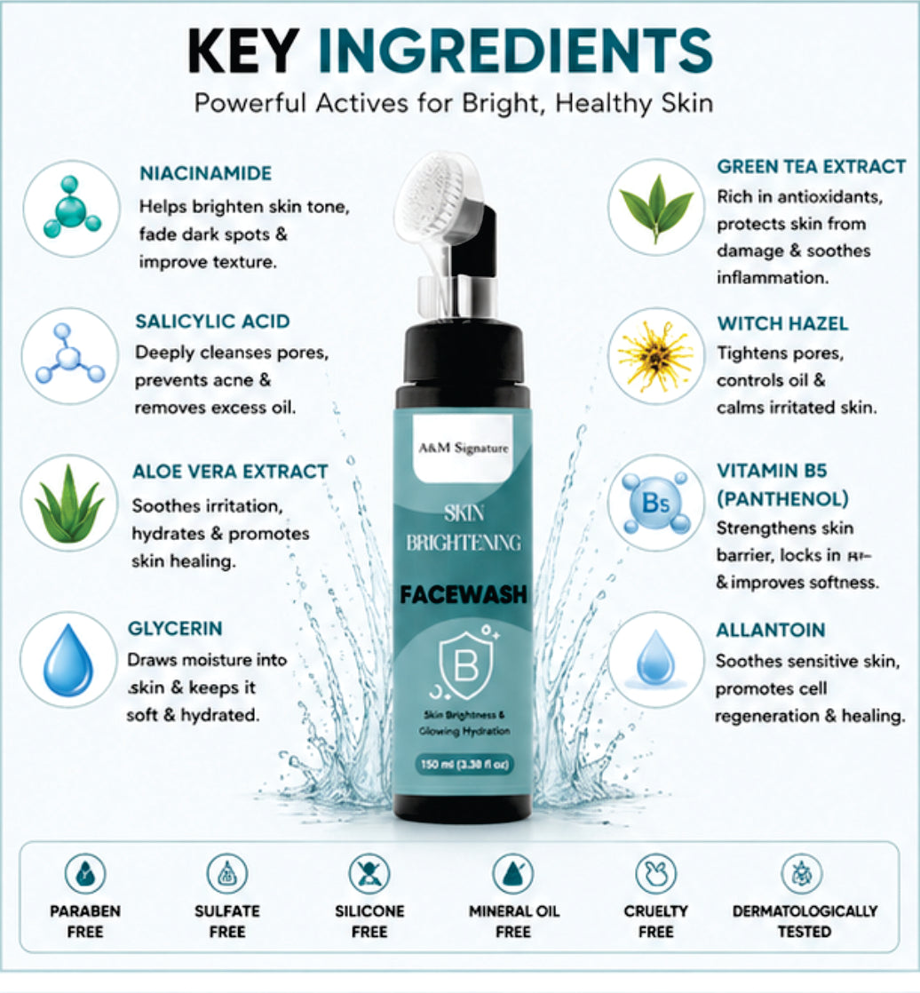 A&M Signature Skin Brightening Facewash for Glowing & Radiant Skin, Deep Cleansing Gentle Face Wash, Removes Dirt & Dullness, Hydrating & Refreshing Daily Cleanser for All Skin Types, 100 ml