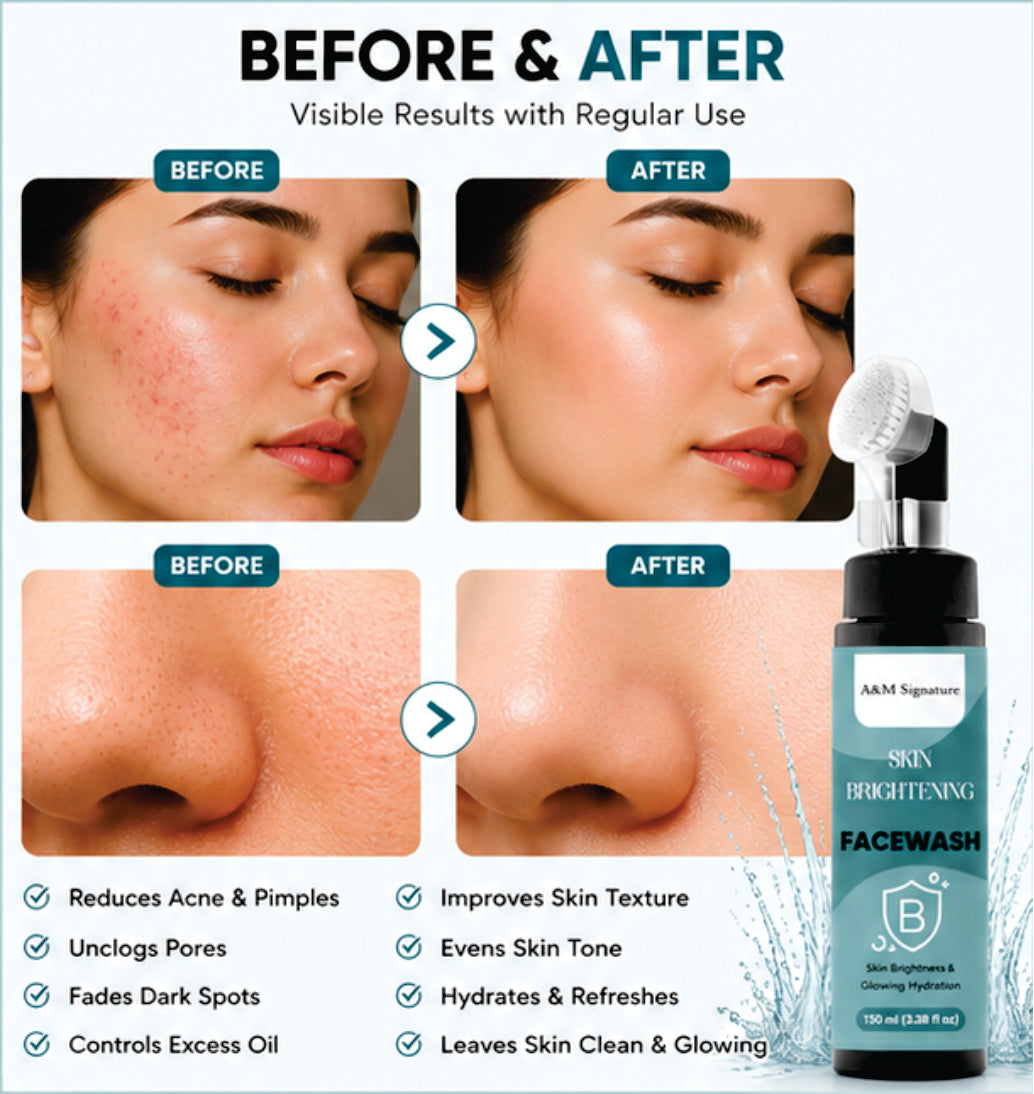 A&M Signature Skin Brightening Facewash for Glowing & Radiant Skin, Deep Cleansing Gentle Face Wash, Removes Dirt & Dullness, Hydrating & Refreshing Daily Cleanser for All Skin Types, 100 ml