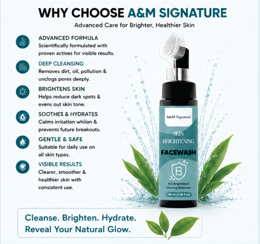 A&M Signature Skin Brightening Facewash for Glowing & Radiant Skin, Deep Cleansing Gentle Face Wash, Removes Dirt & Dullness, Hydrating & Refreshing Daily Cleanser for All Skin Types, 100 ml