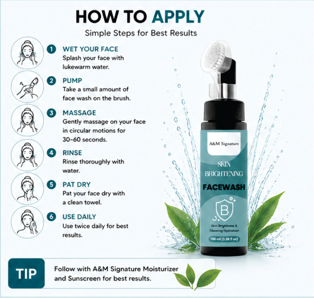 A&M Signature Skin Brightening Facewash for Glowing & Radiant Skin, Deep Cleansing Gentle Face Wash, Removes Dirt & Dullness, Hydrating & Refreshing Daily Cleanser for All Skin Types, 100 ml