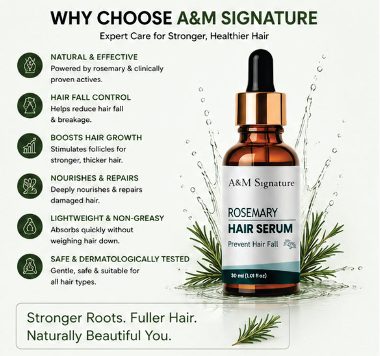 A&M Signature Rosemary Hair Serum for Hair Growth & Hair Fall Control, Lightweight Non-Greasy Serum for Stronger, Thicker & Healthier Hair, Nourishes Scalp & Reduces Breakage, Suitable for All Hair Types, 30 ml
