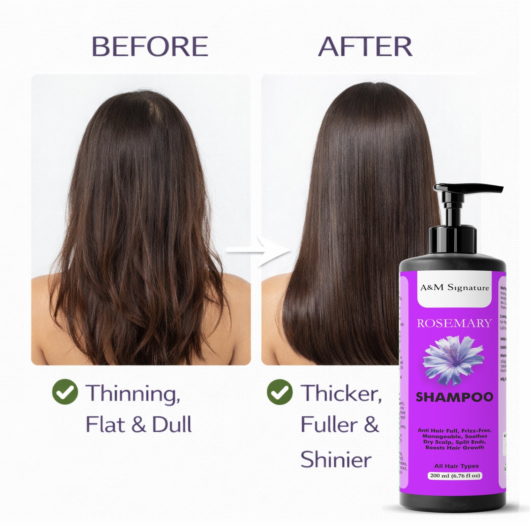 A&M Signature Rosemary Shampoo | Helps Reduce Hair Fall Due to Breakage | Supports Scalp Care & Frizz Control | Gentle Daily Cleanser for Smooth & Manageable Hair | All Hair Types | 200 ml