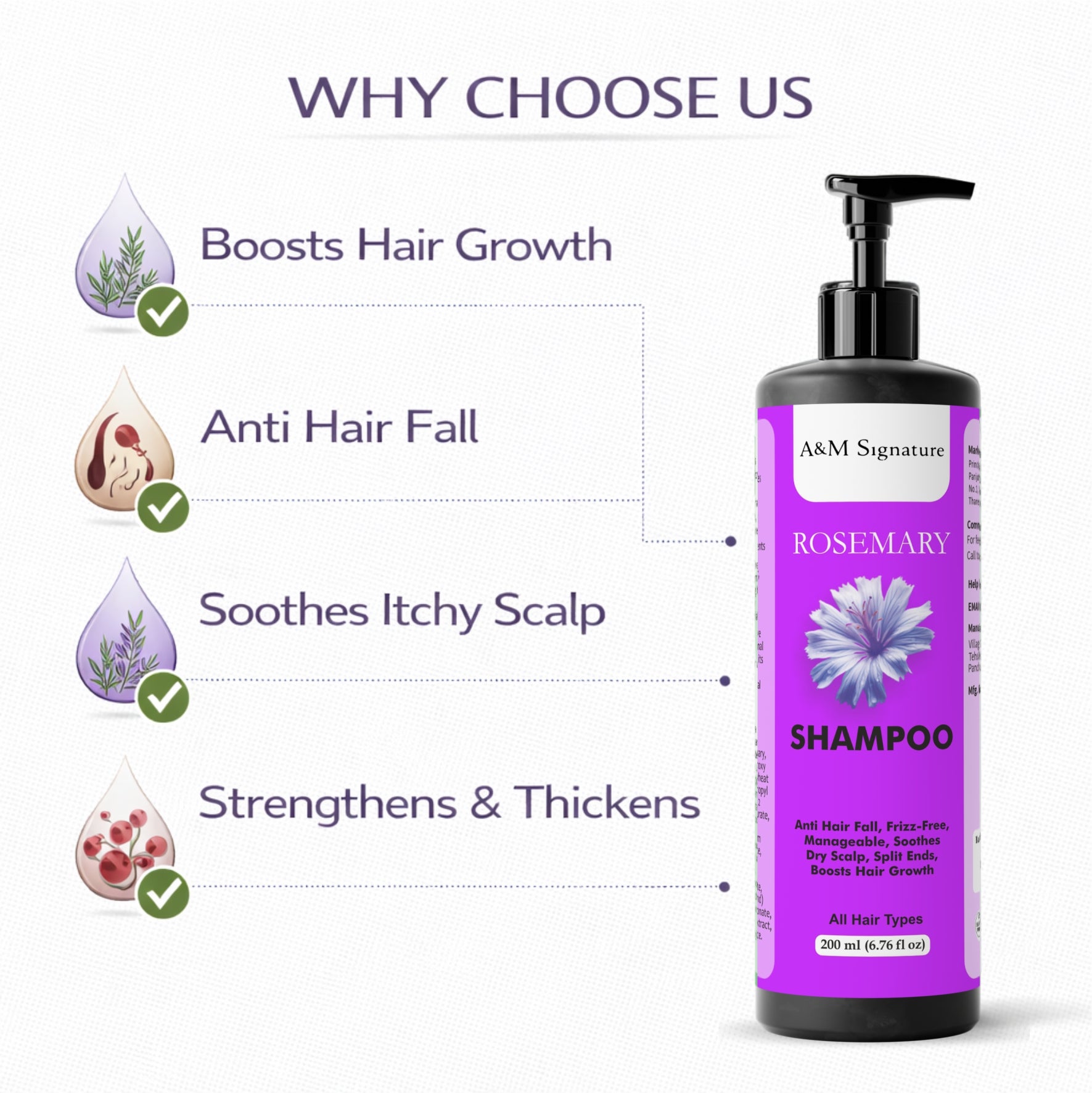 A&M Signature Rosemary Shampoo | Helps Reduce Hair Fall Due to Breakage | Supports Scalp Care & Frizz Control | Gentle Daily Cleanser for Smooth & Manageable Hair | All Hair Types | 200 ml