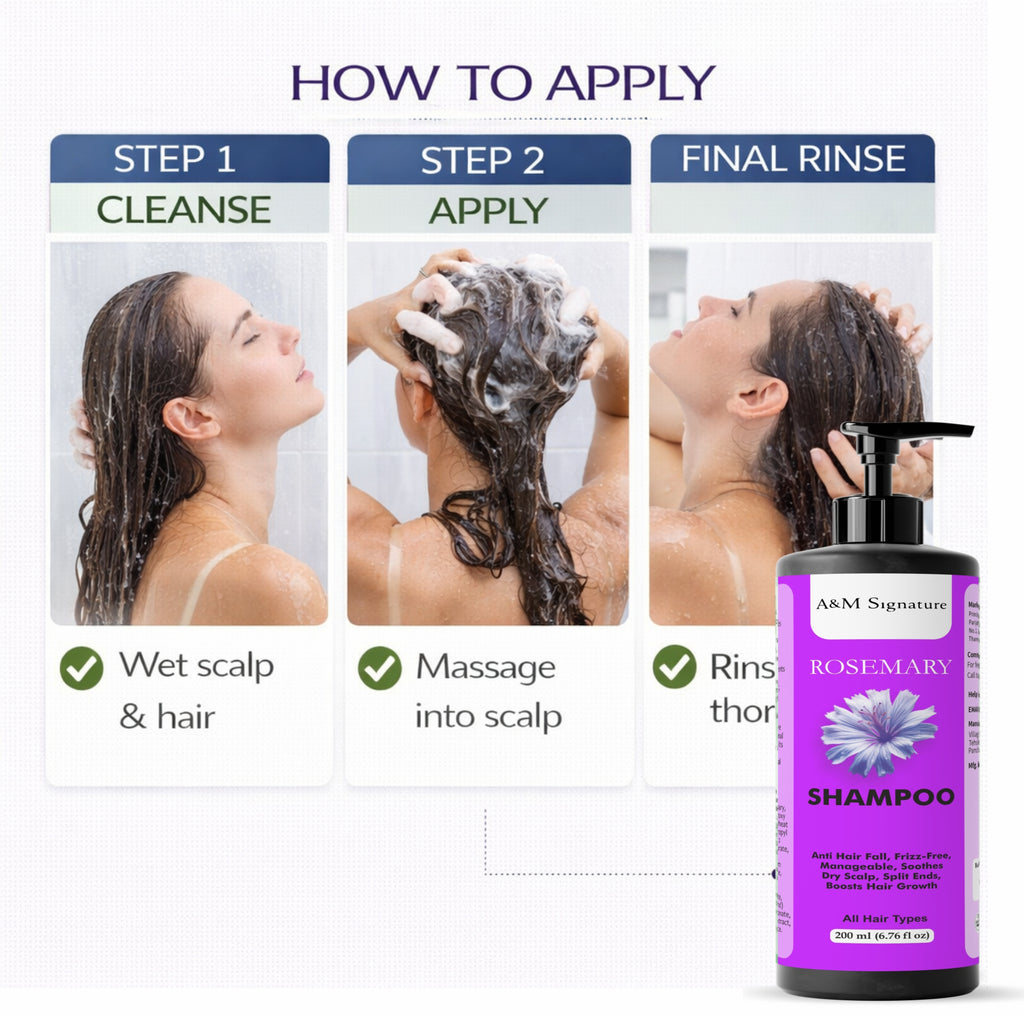 A&M Signature Rosemary Shampoo | Helps Reduce Hair Fall Due to Breakage | Supports Scalp Care & Frizz Control | Gentle Daily Cleanser for Smooth & Manageable Hair | All Hair Types | 200 ml