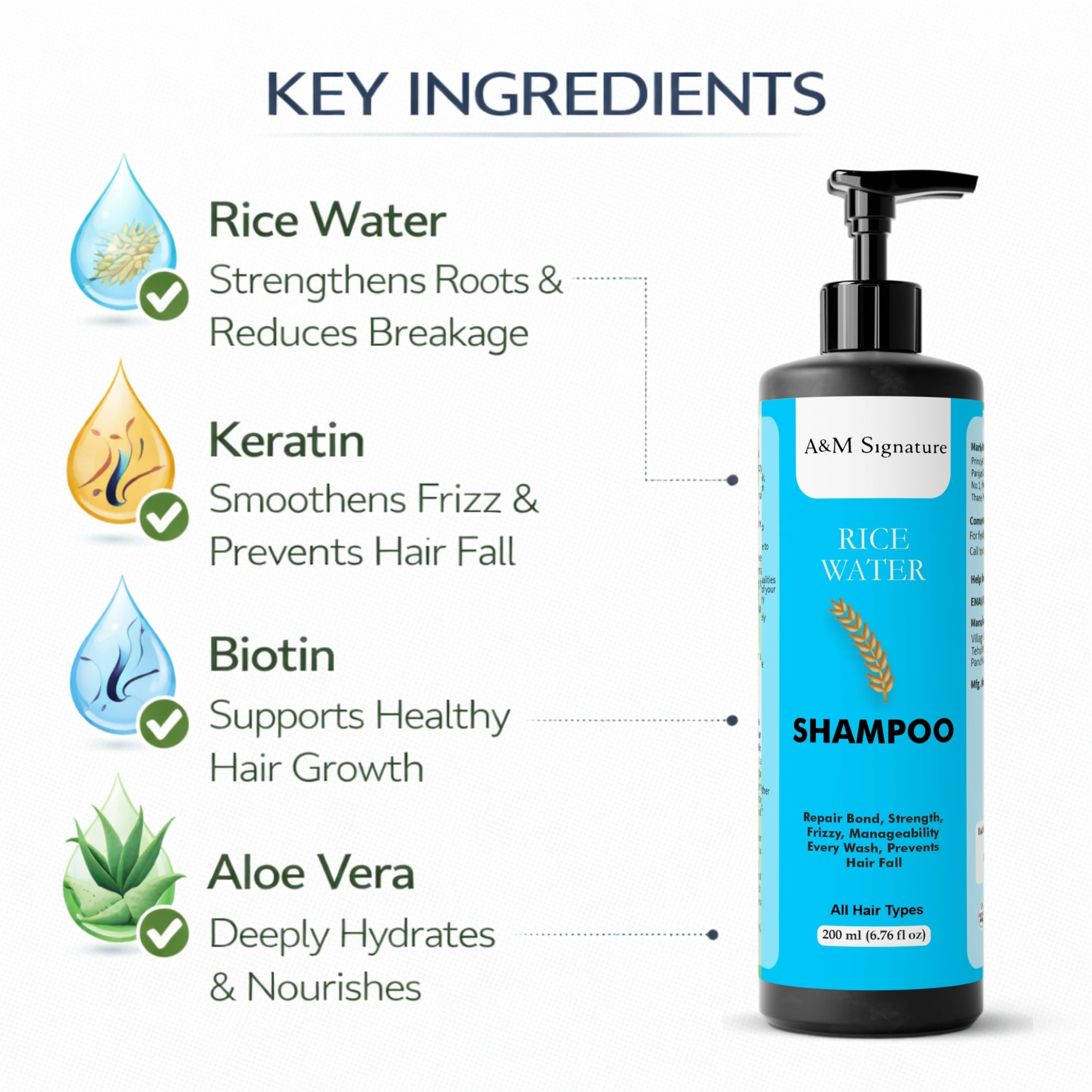 A&M Signature Rice Water Shampoo for All Hair Types | Helps Strengthen & Smooth Hair | Supports Manageability & Shine | Gentle Daily Use Formula | 200 ml
