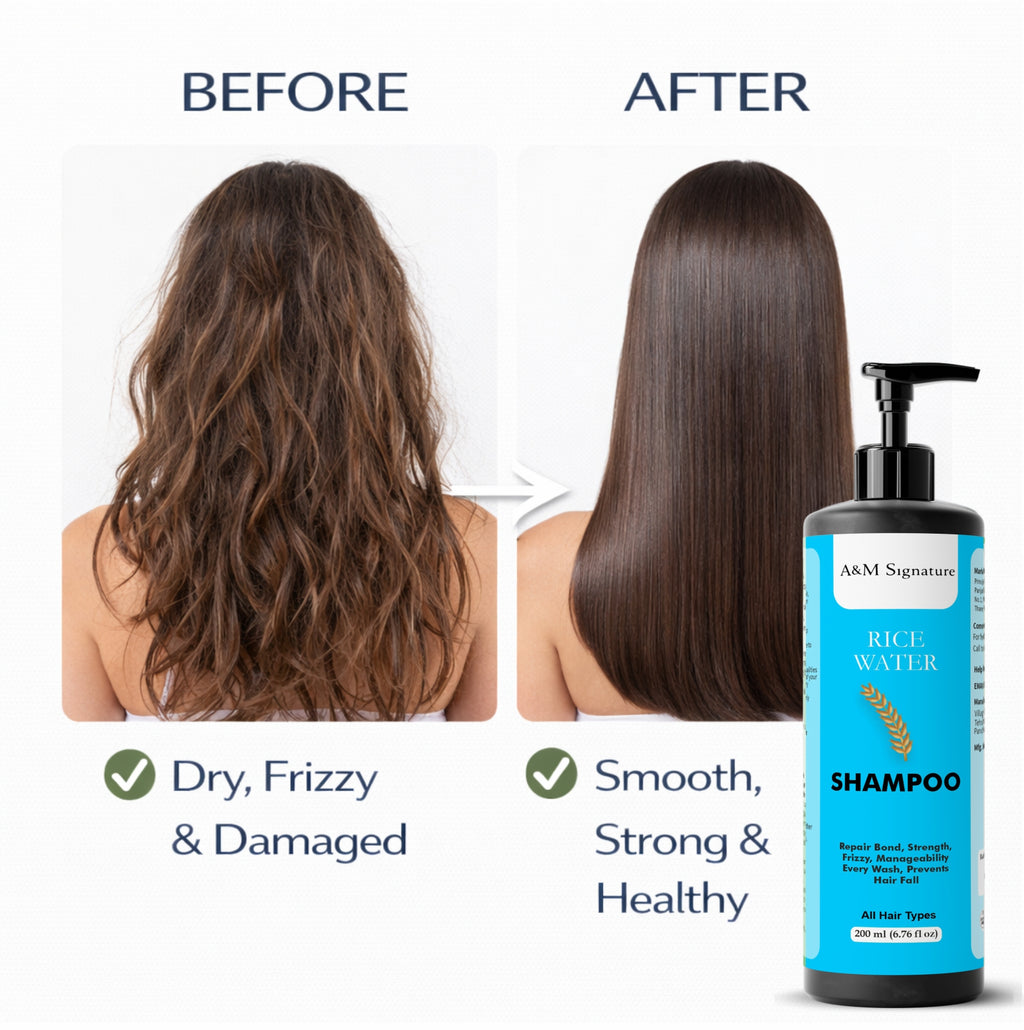 A&M Signature Rice Water Shampoo for All Hair Types | Helps Strengthen & Smooth Hair | Supports Manageability & Shine | Gentle Daily Use Formula | 200 ml