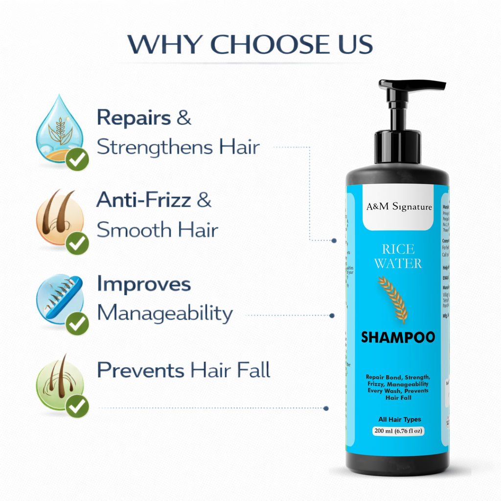 A&M Signature Rice Water Shampoo for All Hair Types | Helps Strengthen & Smooth Hair | Supports Manageability & Shine | Gentle Daily Use Formula | 200 ml