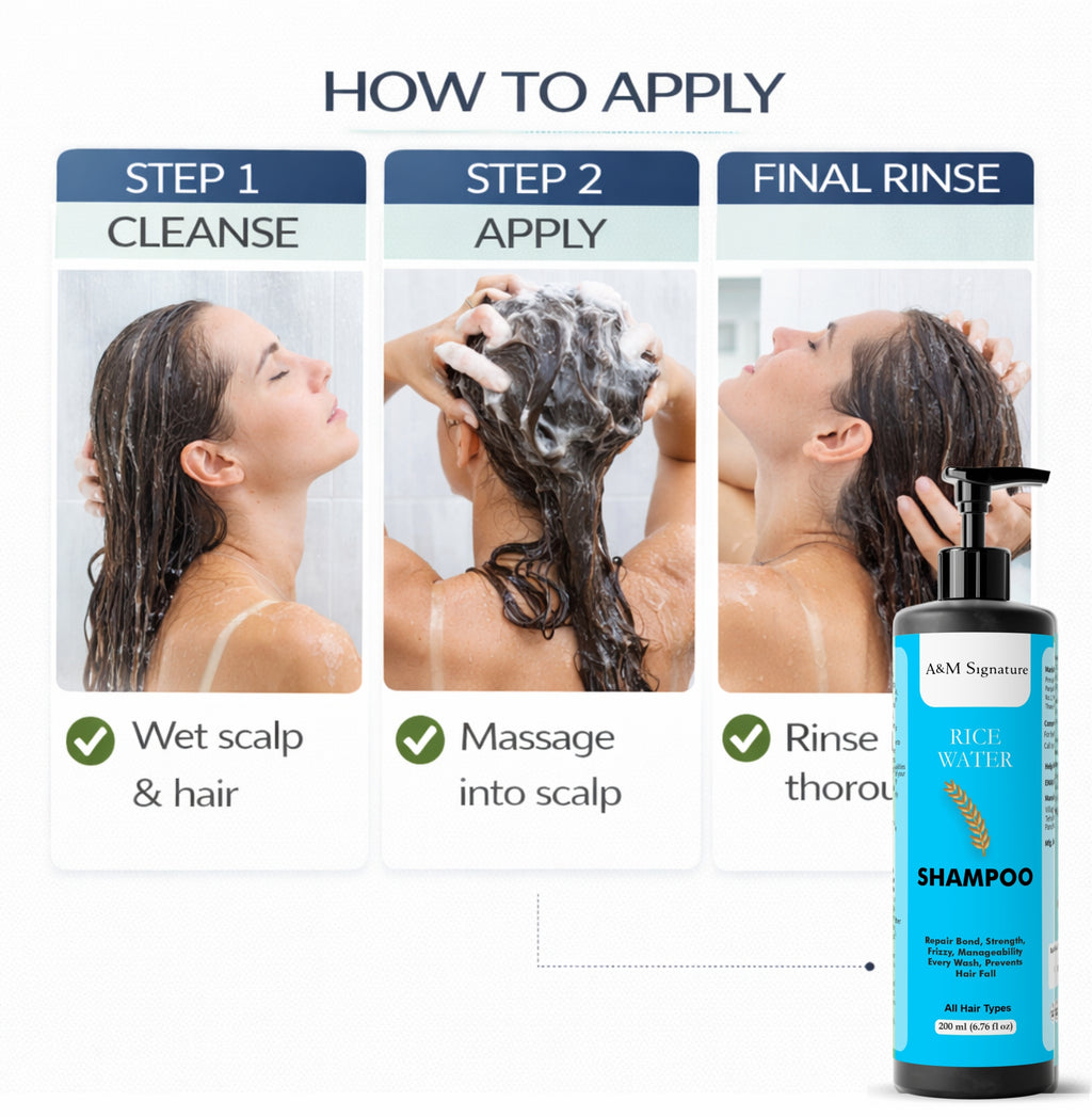 A&M Signature Rice Water Shampoo for All Hair Types | Helps Strengthen & Smooth Hair | Supports Manageability & Shine | Gentle Daily Use Formula | 200 ml