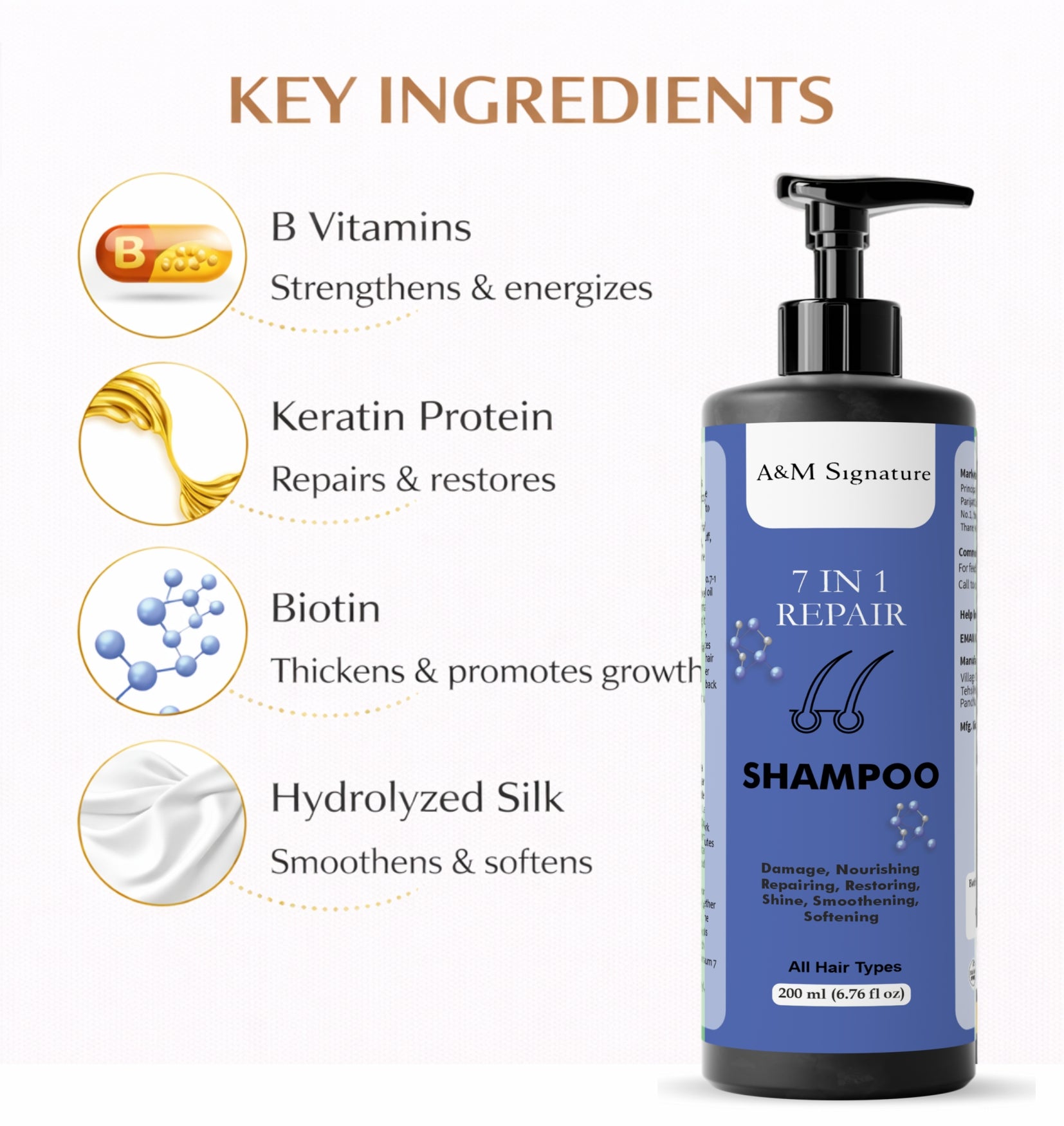 A&M Signature 7 in 1 Repair Shampoo | Keratin, Biotin & B Vitamins Enriched | Helps Strengthen, Smooth & Improve Hair Texture | Gentle Daily Care for All Hair Types | 200 ml