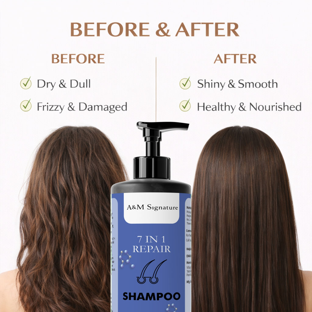 A&M Signature 7 in 1 Repair Shampoo | Keratin, Biotin & B Vitamins Enriched | Helps Strengthen, Smooth & Improve Hair Texture | Gentle Daily Care for All Hair Types | 200 ml