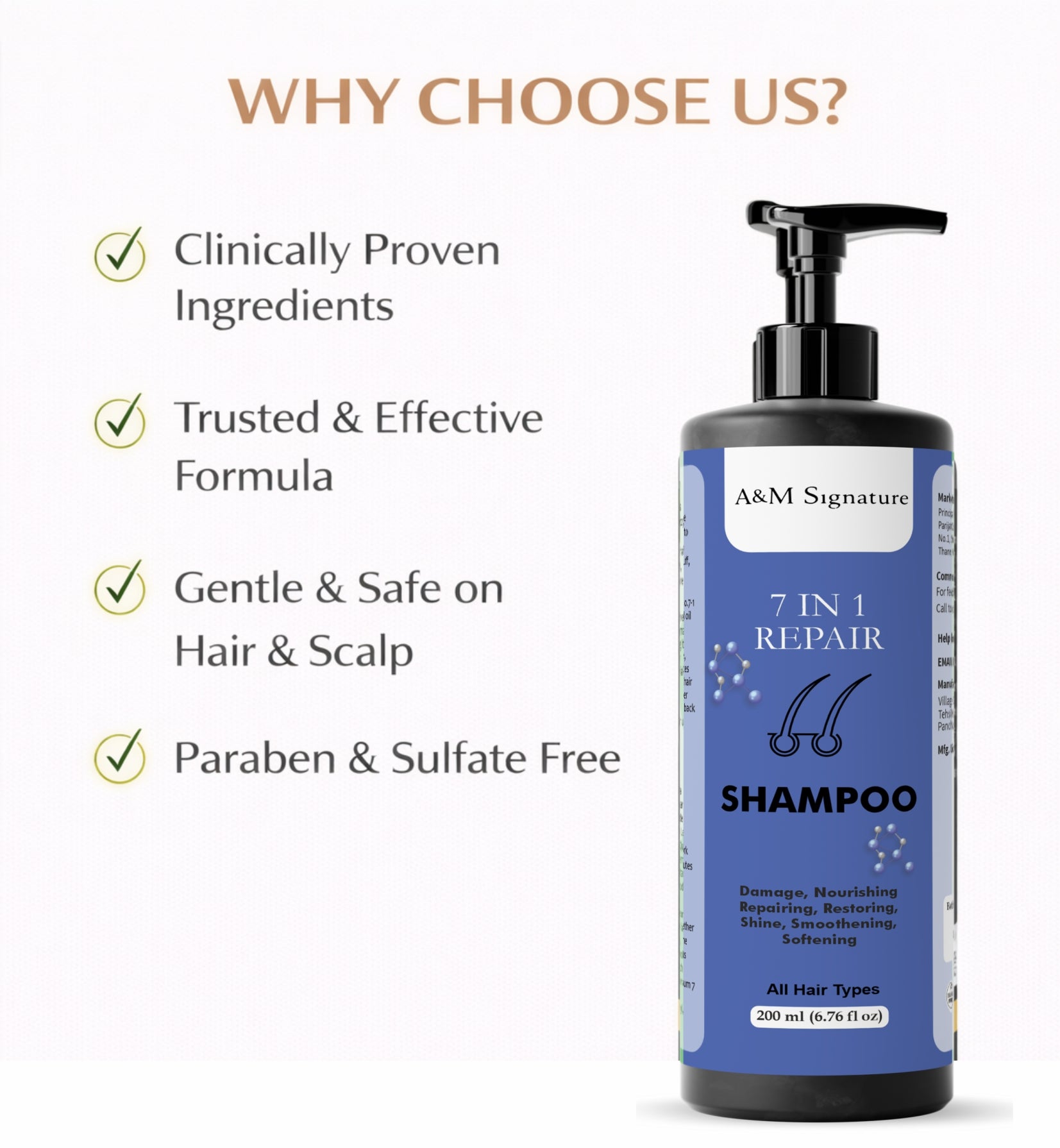 A&M Signature 7 in 1 Repair Shampoo | Keratin, Biotin & B Vitamins Enriched | Helps Strengthen, Smooth & Improve Hair Texture | Gentle Daily Care for All Hair Types | 200 ml