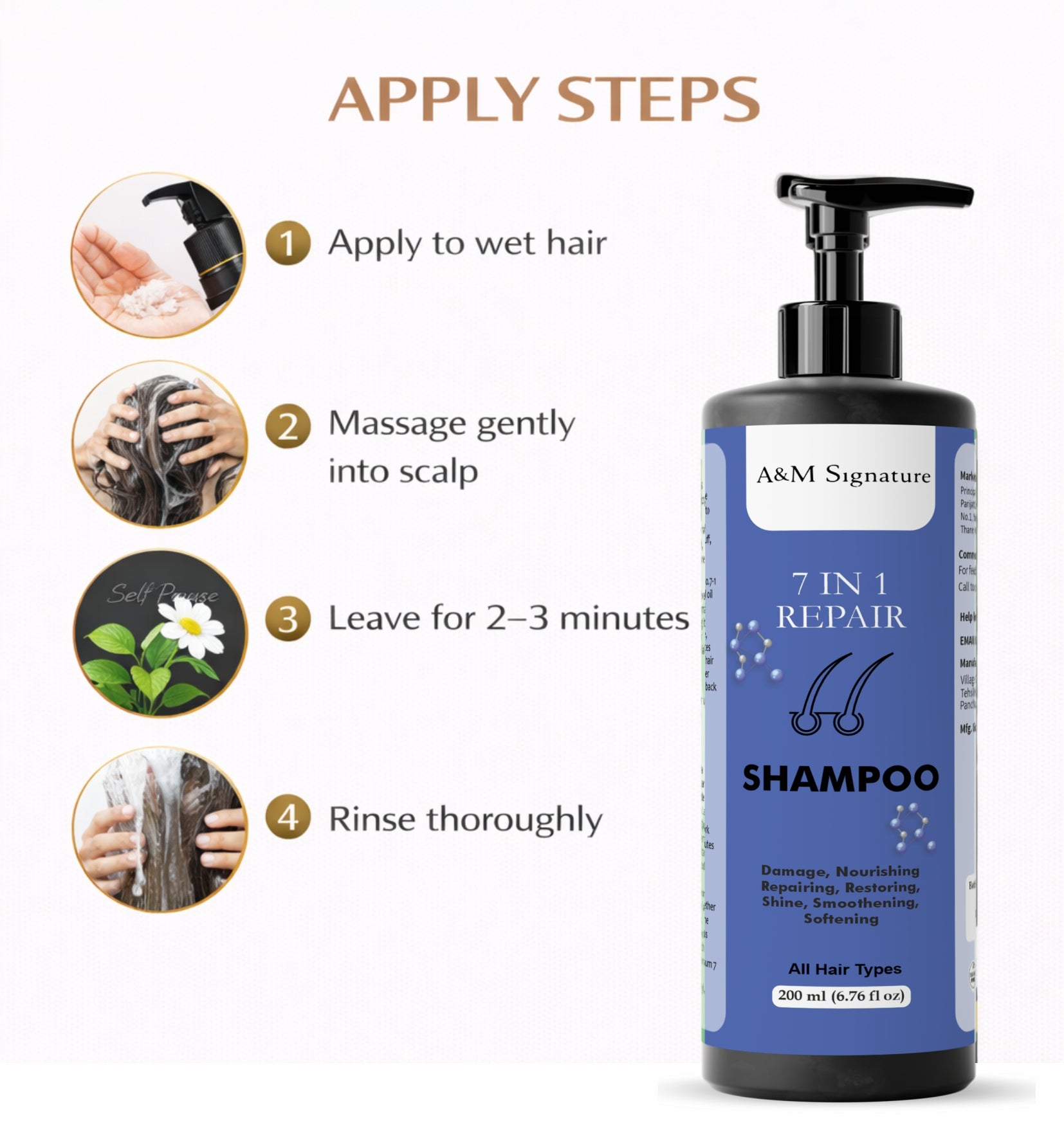 A&M Signature 7 in 1 Repair Shampoo | Keratin, Biotin & B Vitamins Enriched | Helps Strengthen, Smooth & Improve Hair Texture | Gentle Daily Care for All Hair Types | 200 ml