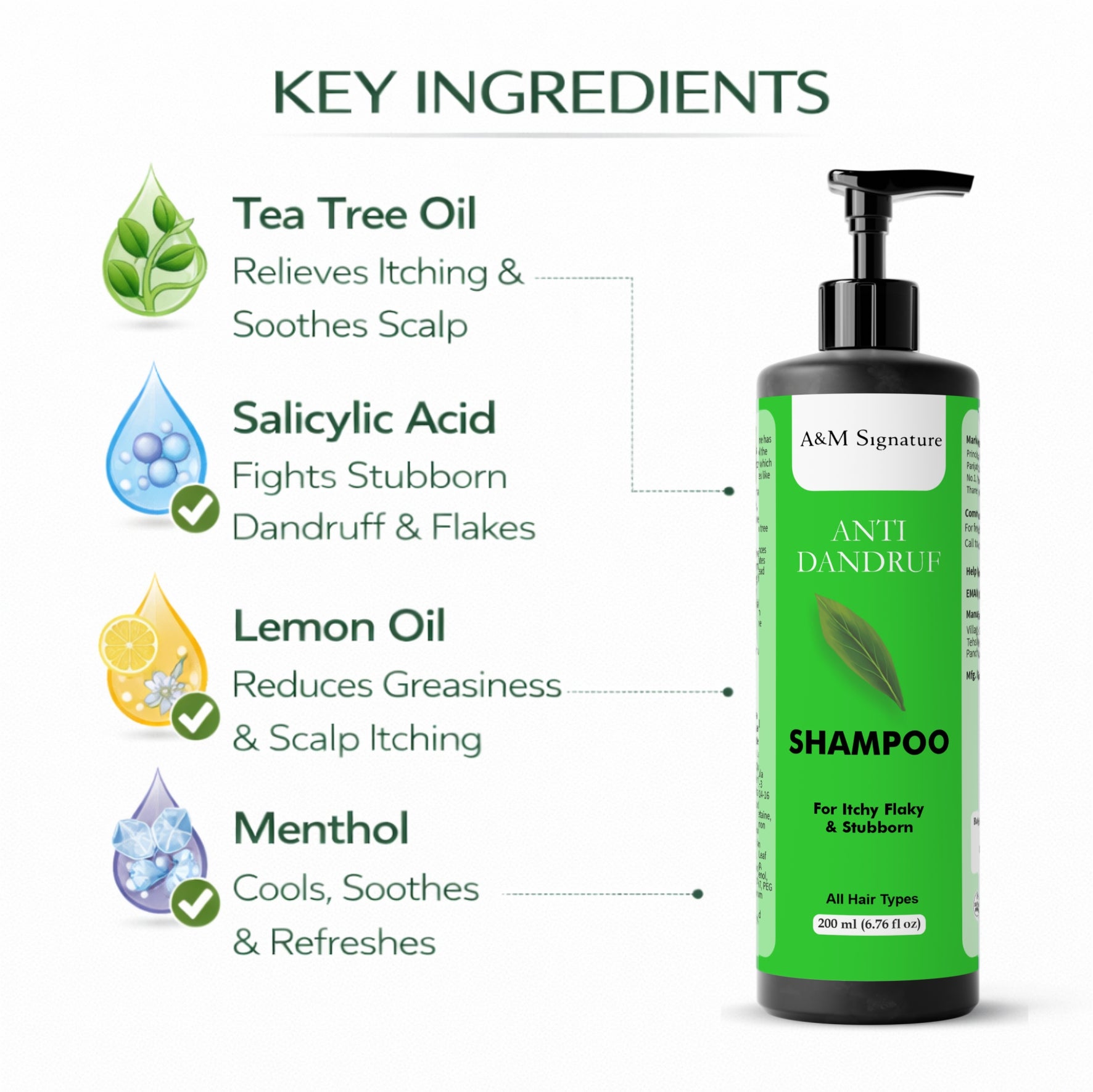 A&M Signature Anti Dandruff Shampoo | Helps Reduce Flakes & Itchy Scalp | Gentle Cleansing for Scalp Care | Suitable for All Hair Types | 200 ml