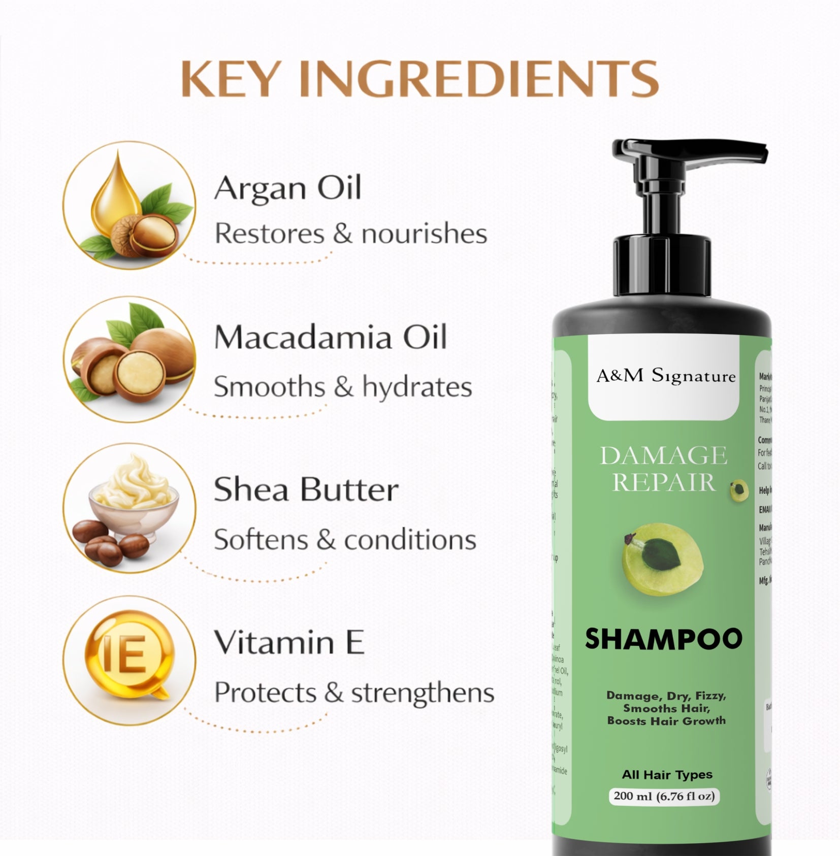 A&M Signature Damage Repair Conditioner for Dry, Frizzy & Damaged Hair, Deep Nourishing & Smoothing Conditioner for Soft, Shiny & Manageable Hair, Strengthens Hair & Reduces Breakage, Suitable for All Hair Types, 200 ml