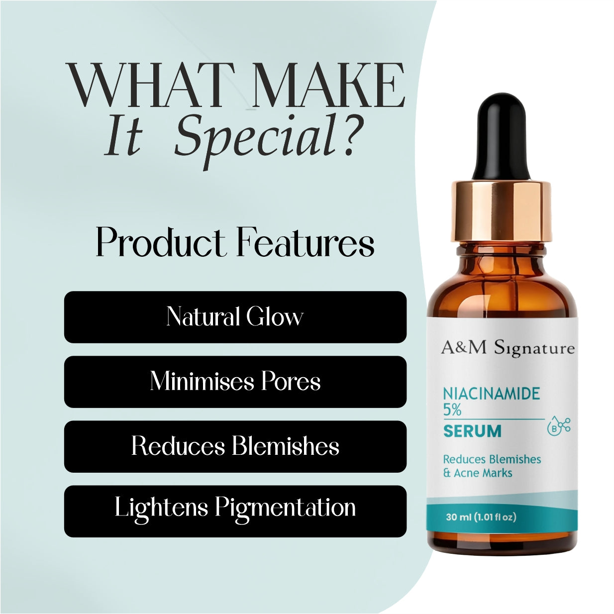 A&M Signature Niacinamide Serum for Acne Marks & Blemishes – Oil Control, Pore Minimizing & Brightening Face Serum for Clear, Smooth & Even-Toned Skin